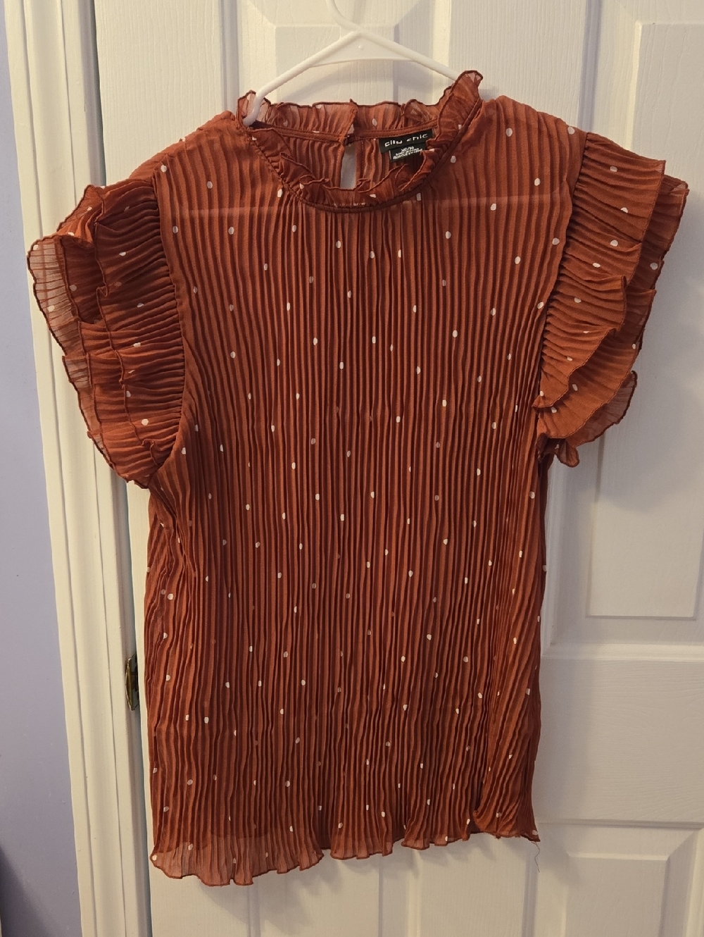 City Chic Rust Polka Dot Pleated Ruffle Neck Blouse XL/14